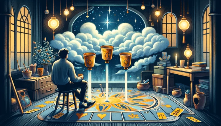 "Artwork depicting a person in contemplation, surrounded by three cups symbolizing indifference to current offers, while a fourth cup is presented from a cloud, signifying an overlooked opportunity. The setting suggests introspection and missed connections, hinting at the need for awareness and openness to change. Despite initial reluctance, hints of realization and potential for embracing new prospects are depicted, suggesting the possibility of a shift in perspective."