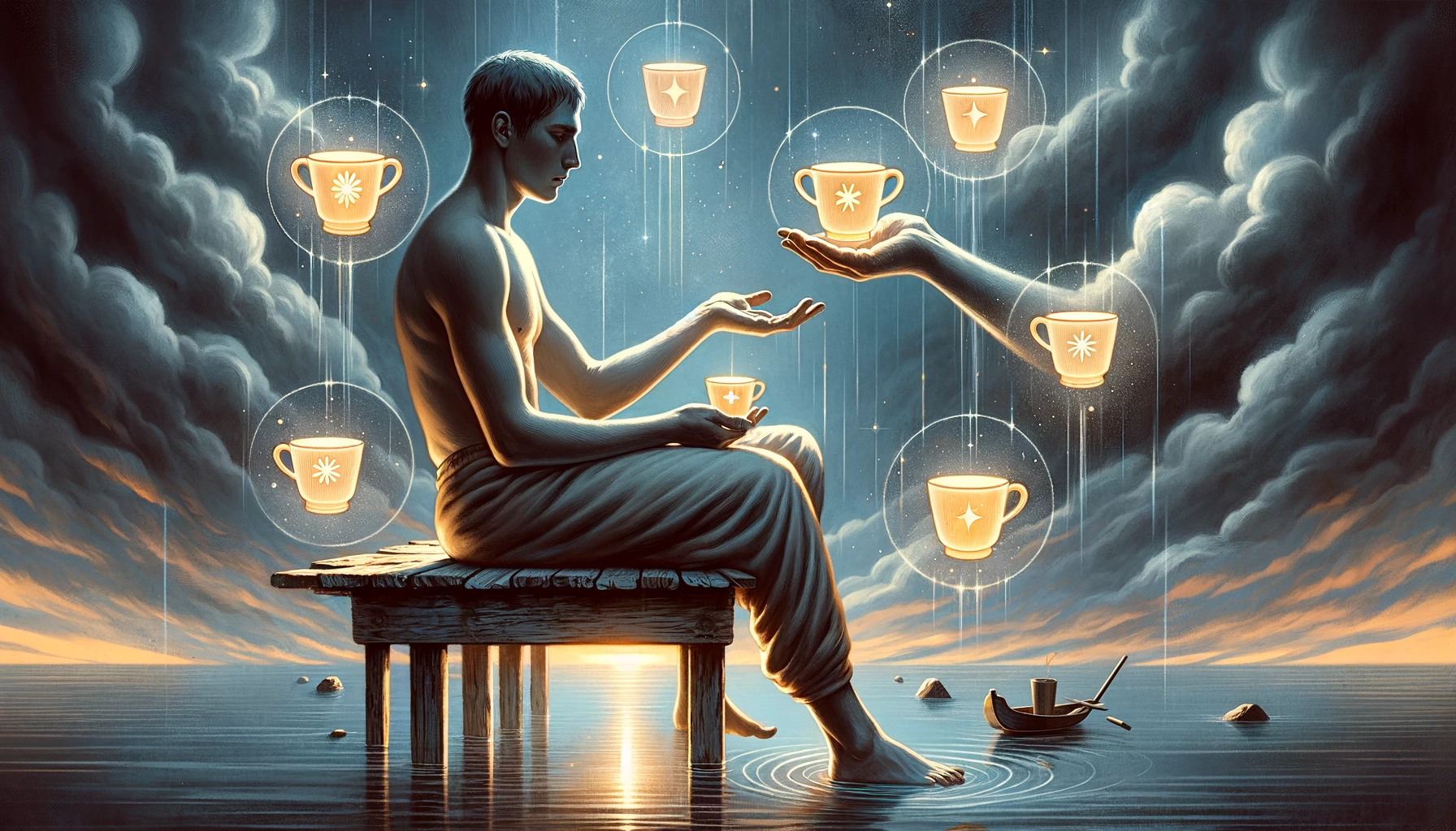 "Artwork portraying introspection and reluctance to change, symbolized by a figure surrounded by four cups in a serene setting. The scene suggests the individual's unawareness of new opportunities and emotional offers they may be overlooking, yet hints at the potential for awakening to new prospects and personal growth."