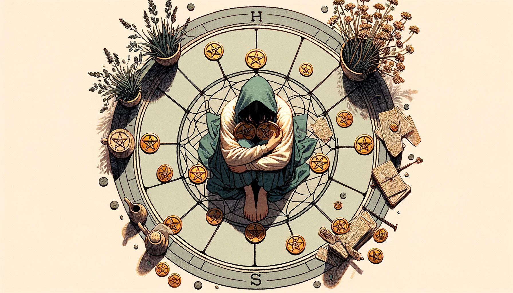 A character holding pentacles close within a protective circle, symbolizing the complex emotions of seeking security and control while hinting at fears of loss and change. Illustrates the essence of the Four of Pentacles, balancing personal and financial boundaries with the risk of isolation.