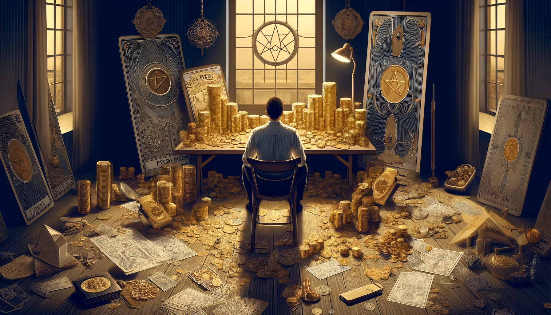 A person sits at a desk surrounded by symbols of wealth, reflecting financial stability but also loneliness and reluctance to change. Illustrates the balance between financial prudence and openness to life's experiences in the Four of Pentacles.