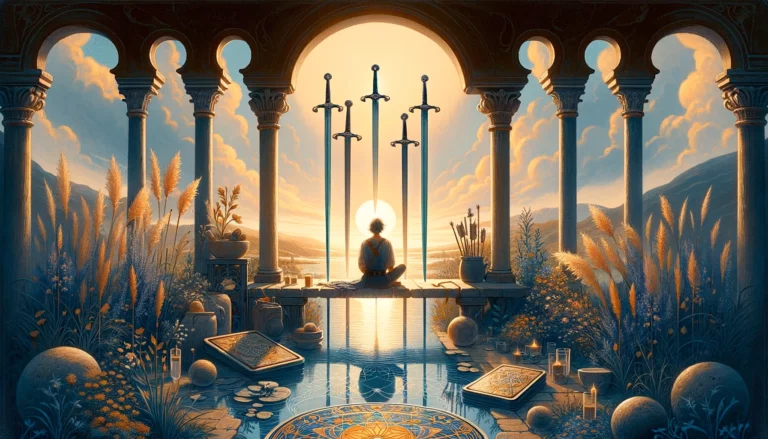 "Illustration symbolizing rest and contemplation within a serene setting, reflecting emotional states of inner peace, recovery, and the need for respite."
