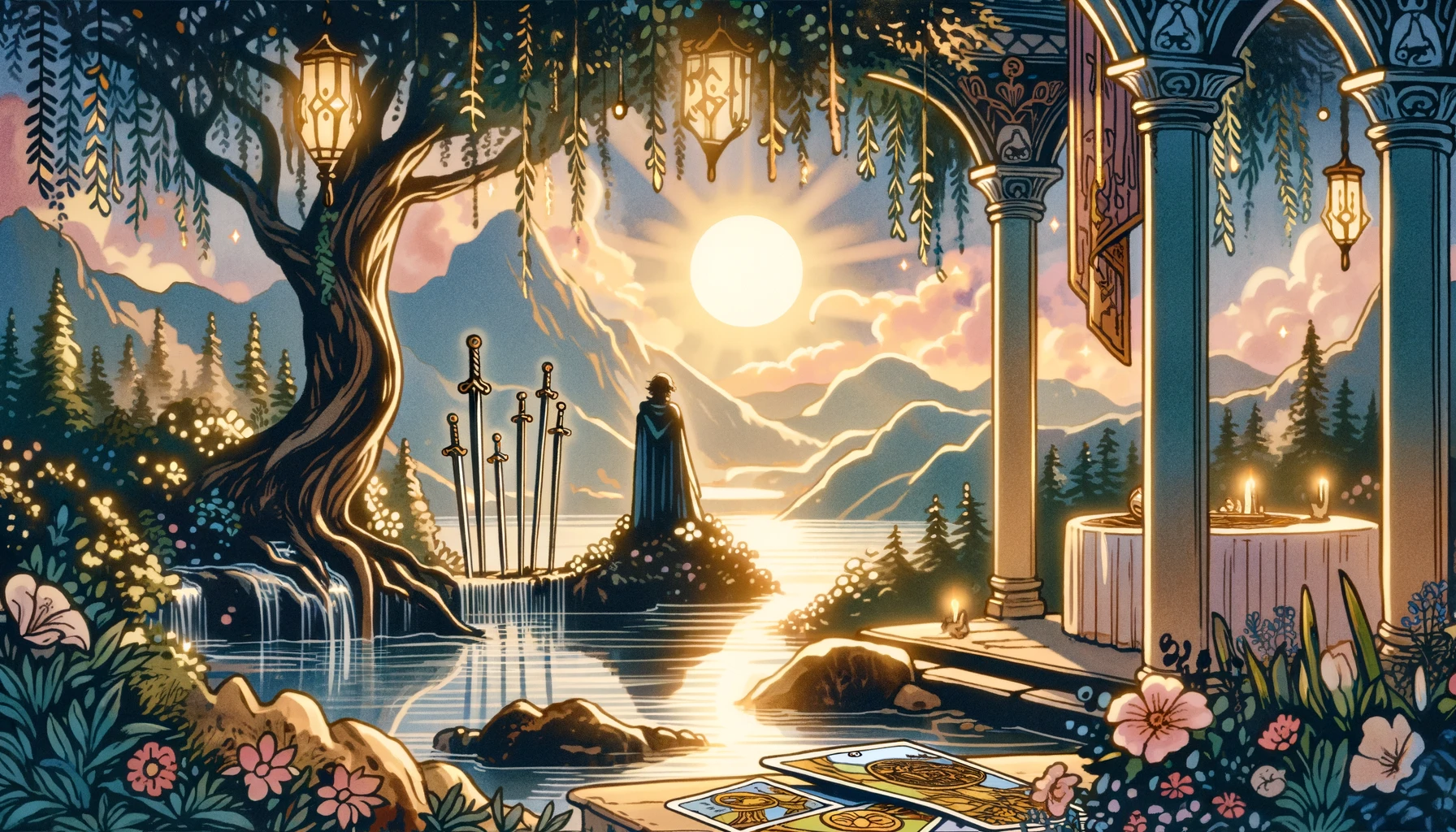 "Illustration representing the longing for peace, rest, and reflection, set in a serene environment that embodies the search for tranquility and relief from stress, emphasizing the need for solitude to attain clarity and inner peace."