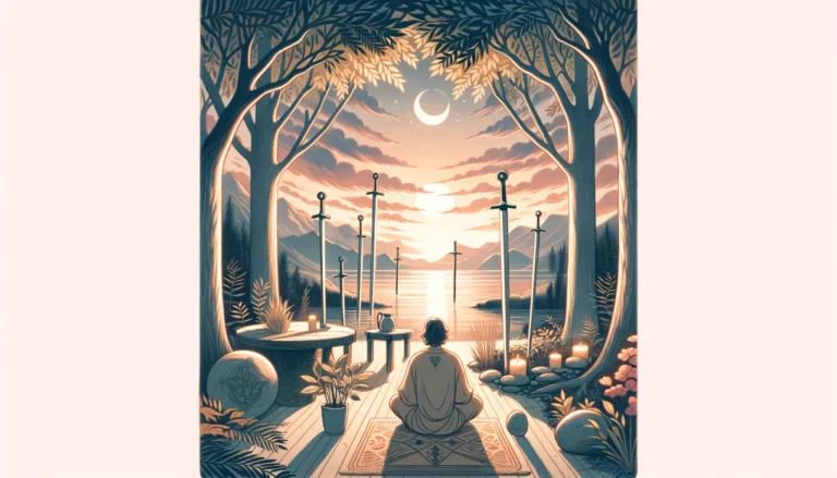 "An image portraying the essence of the Four of Swords: a contemplative figure seeking solitude for rest and mental clarity, set in a serene and reflective environment."