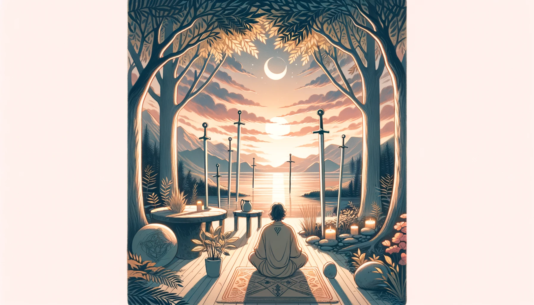 "An image portraying the essence of the Four of Swords: a contemplative figure seeking solitude for rest and mental clarity, set in a serene and reflective environment."