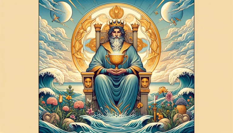 "The image depicts the emotional depth and compassion of the King of Cups, providing a visually compelling backdrop for exploring his profound emotional insights and support."