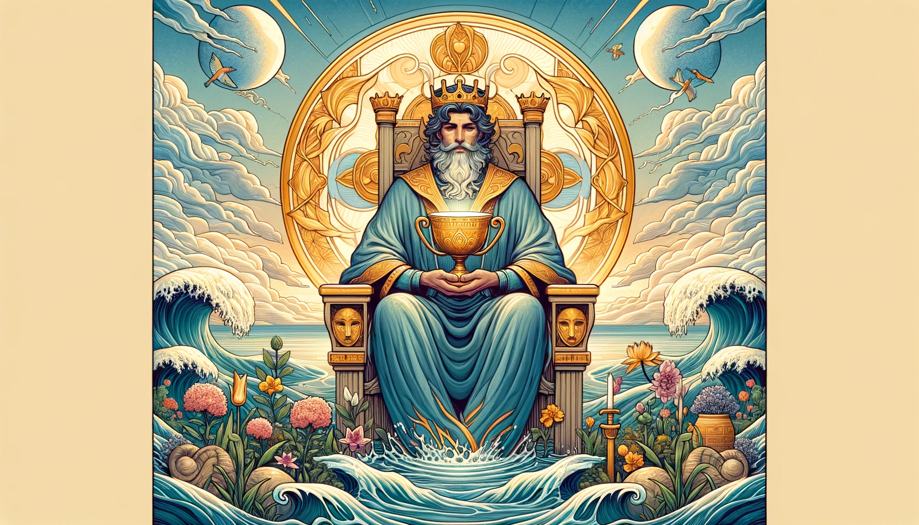 "The image depicts the emotional depth and compassion of the King of Cups, providing a visually compelling backdrop for exploring his profound emotional insights and support."