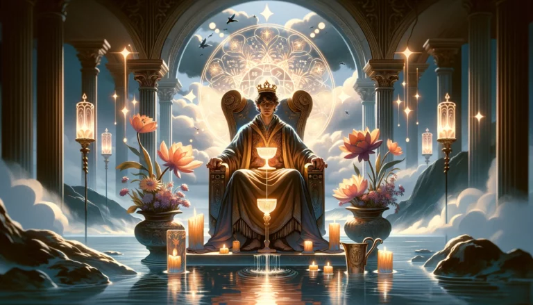 "An image representing the King of Cups' positive affirmation, emotional stability, and supportive nature, offering a compelling visual for understanding its indication of a 'Yes' in Tarot readings."