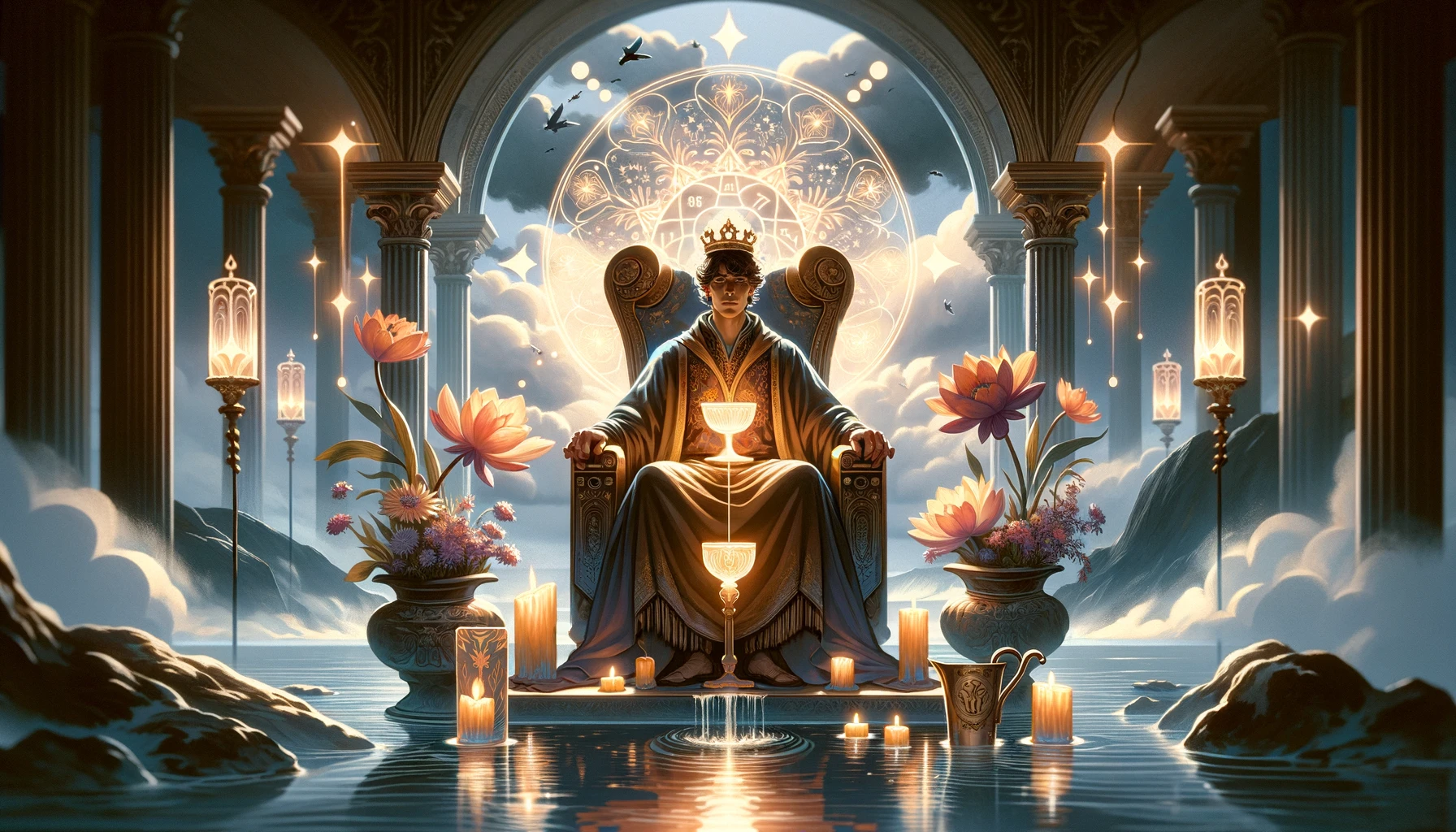 "An image representing the King of Cups' positive affirmation, emotional stability, and supportive nature, offering a compelling visual for understanding its indication of a 'Yes' in Tarot readings."