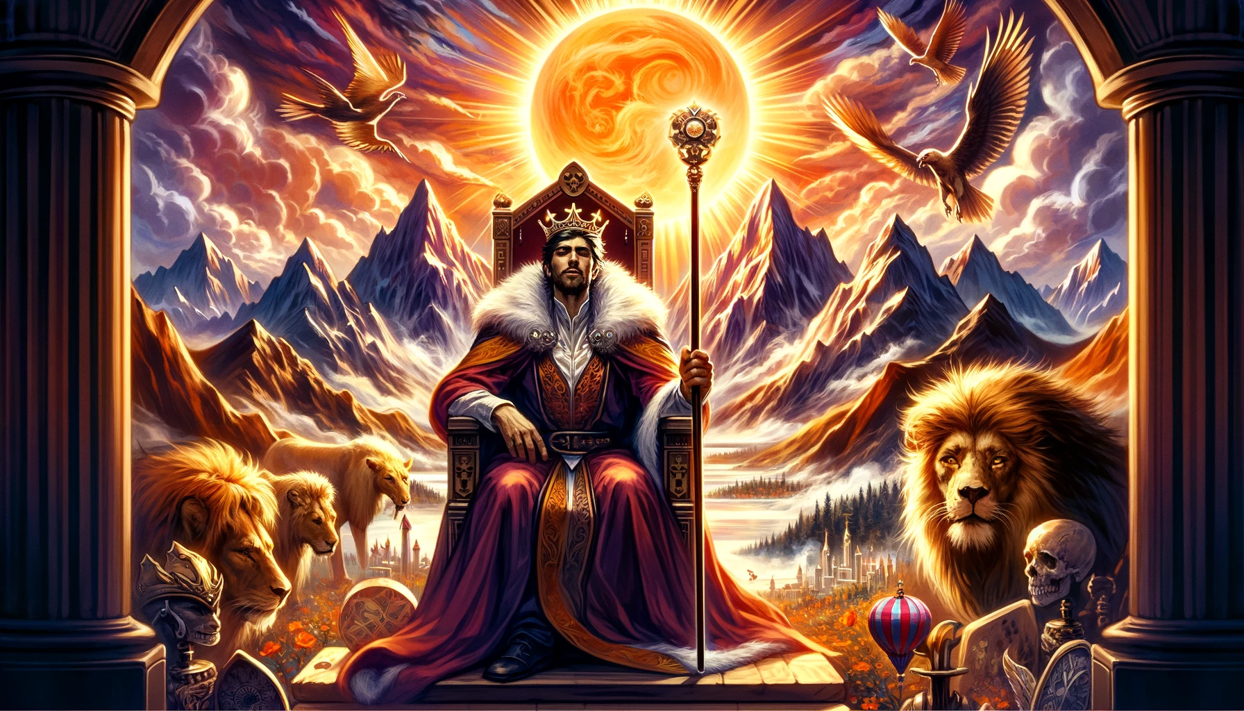 An illustration vividly brings to life a scenario of leadership, ambition, and visionary projects. The King is depicted in a commanding posture, set against a dynamic and vibrant landscape, highlighting the qualities of decisive action, pursuing ambitious goals, and the impact of strong leadership on a situation. This visual representation enriches the narrative by visualizing these themes with clarity and intensity.