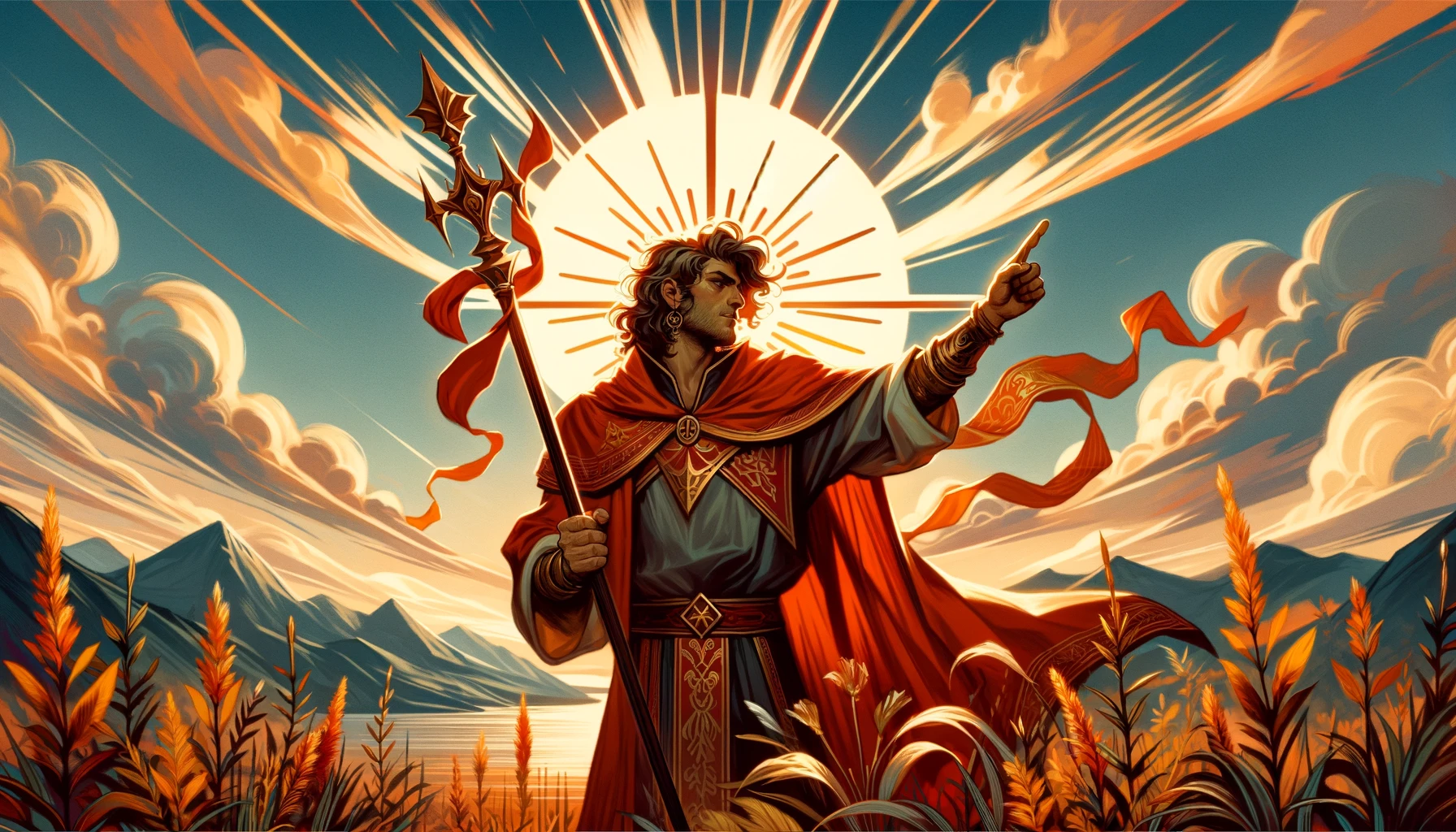 An illustration vividly capturing the card's essence of affirmative action and determination. The King's dynamic posture, pointed wand, and the bright, encouraging background create a powerful visual narrative of confidence, leadership, and the decisive pursuit of goals. This illustration perfectly complements the theme of your article by emphasizing the strong "yes" associated with the King of Wands in tarot readings.