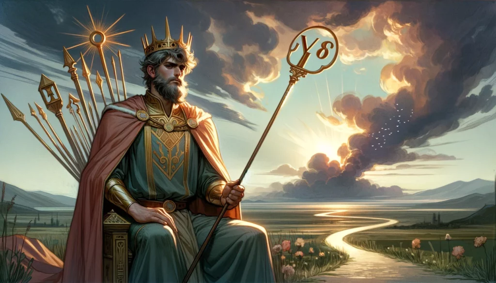 An evocative visual interpretation of hesitation or caution. The King is depicted in a reflective posture, his wand held away from the direct path of action, against an overcast sky that subtly hints at challenges yet acknowledges the possibility of positive outcomes with careful thought. This portrayal encapsulates the essence of a "No" or "Not yet" response, underscoring the need for further preparation or reflection before moving forward.






