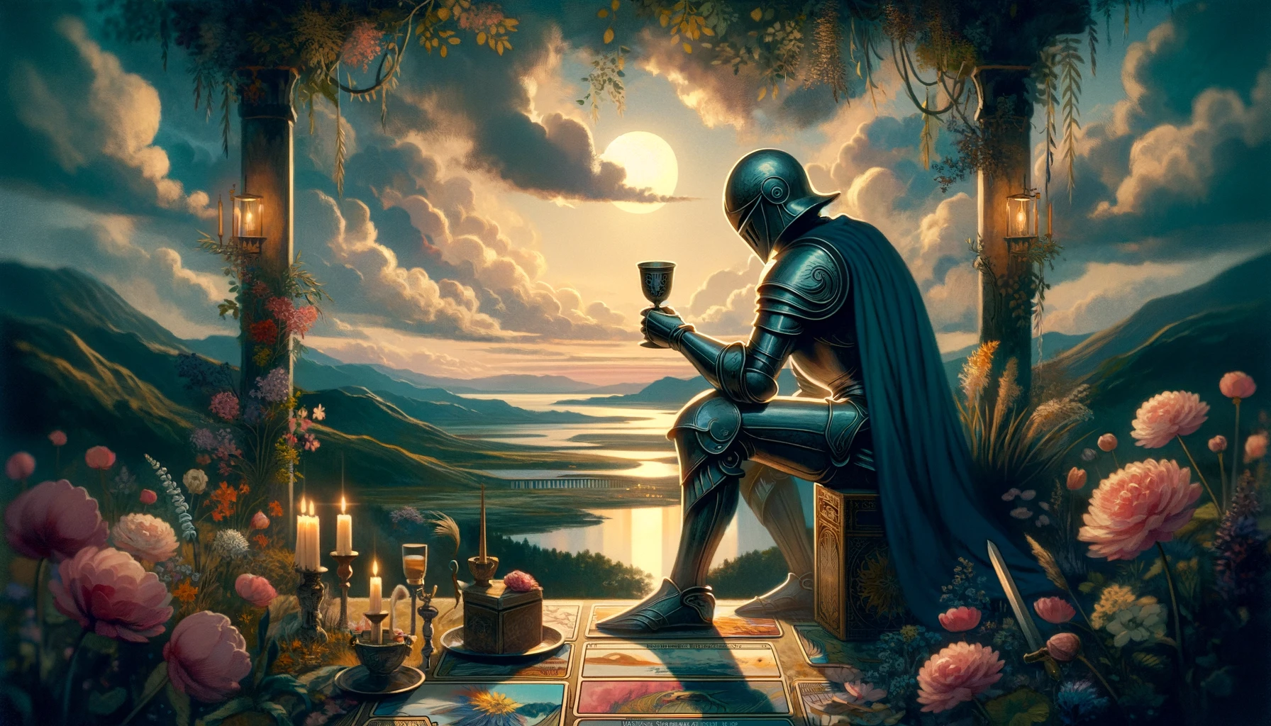 "Illustration depicting the emotional essence of the Knight of Cups, characterized by romanticism, creativity, and emotional intuition, set against a dreamy and reflective backdrop that evokes emotion and inspiration."