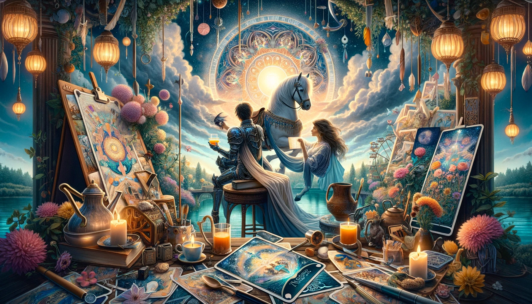 "Illustration portraying the Knight of Cups archetype: romantic, dreamy, and emotionally intuitive, depicted in an imaginative and artistic setting."