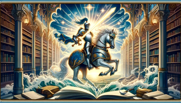 "An illustration depicting the Knight of Swords tarot card, showcasing the knight's ambition, direct action, and pursuit of intellectual challenges. The artwork embodies desires for intellectual achievement, clear communication, and the courage to confront challenges, enriching the article with a dynamic visual interpretation of the card's significance in expressing one's goals and aspirations."