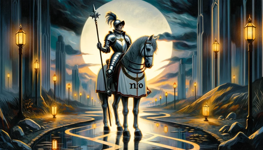 The Knight of Wands depicted in a paused stance, suggesting reconsideration and caution in decision-making. Set against an uncertain backdrop, the image embodies the card's reflective aspect, advising patience and careful planning amidst potential risks, and emphasizing the wisdom gained through experience.