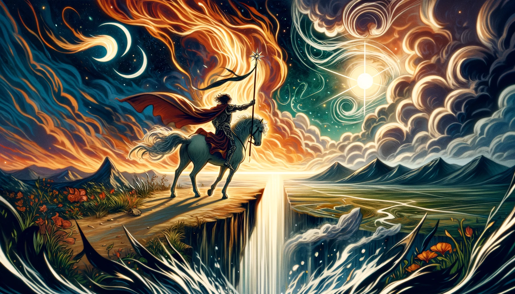 An illustration representing the Knight of Wands, depicted as a figure standing at the edge of a vast landscape, exuding an aura of readiness and determination. The image symbolizes dynamic change, adventure, and the pursuit of passions, capturing the proactive and bold spirit essential for facing upcoming challenges.