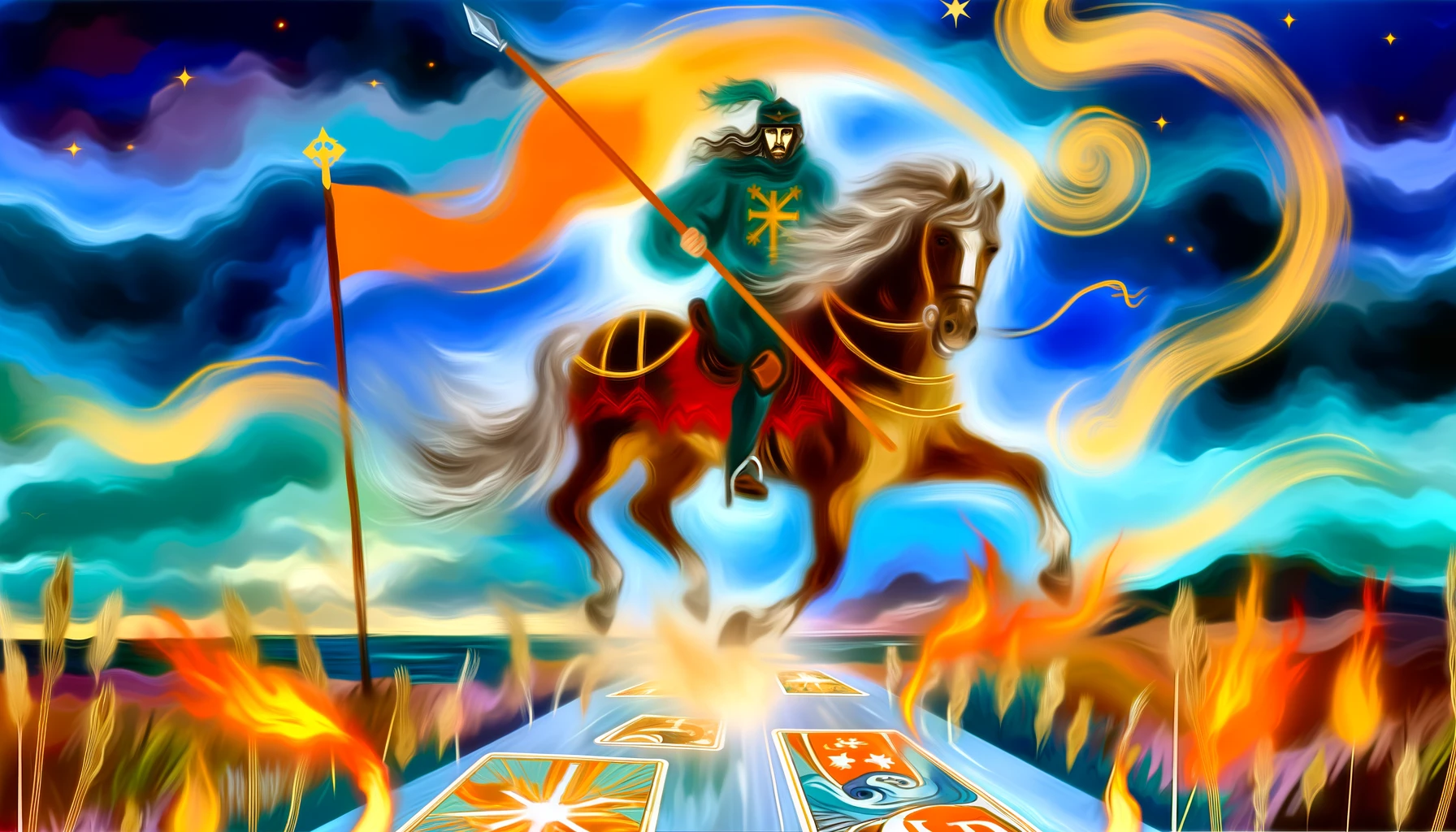 A vibrant depiction of the Knight of Wands charging forward on horseback, wand in hand, against a backdrop symbolizing momentum and progress. The dynamic scene conveys a strong affirmative message, illustrating the card's inclination towards 'Yes' in embracing new opportunities and pursuing paths with confidence, embodying themes of initiative and adventure.