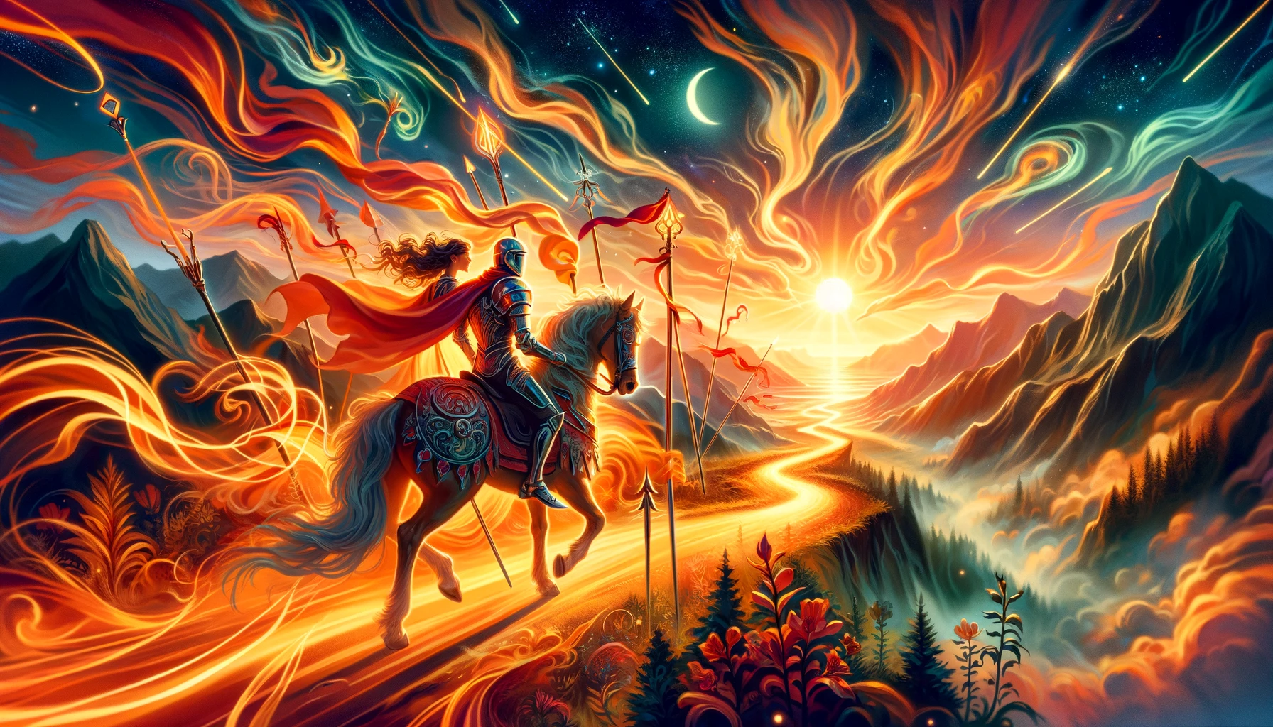 The image illustrates the dynamic energy of the Knight of Wands in relationships, depicting two figures embarking on an adventure together. Set against a vibrant landscape, it symbolizes the fast-paced and exhilarating path their relationship is taking, embodying the warmth and intensity guided by the Knight's adventurous spirit.