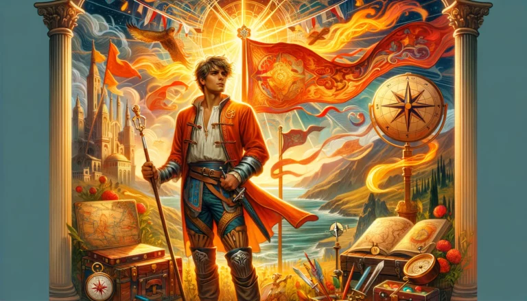 The image depicts a charismatic, energetic, and adventurous individual embodying the essence of the Knight of Wands. They are set against a dynamic backdrop filled with symbols of adventure, embodying their love for exploration and desire to experience life to the fullest.