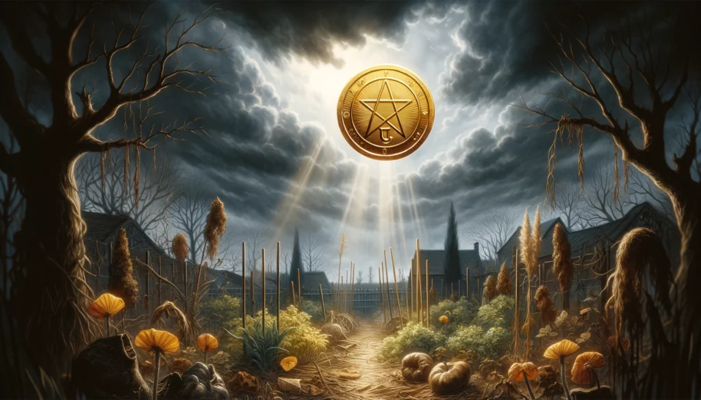 An illustration showing an upside-down golden pentacle hovering above a withered garden, symbolizing missed opportunities, financial setbacks, or loss of material security. Dark clouds and shadows cast over the barren landscape convey uncertainties and caution in facing financial challenges. However, faint light breaking through the clouds hints at potential for overcoming obstacles through perseverance and reevaluation of financial strategies and goals.






