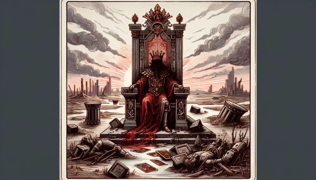 "Empty or overturned throne against a chaotic or barren landscape, symbolizing the negative consequences of a lack of true leadership and stability, with a color palette of muted reds, grays, and darker tones reflecting the caution and reflection prompted by the Reversed Emperor card."