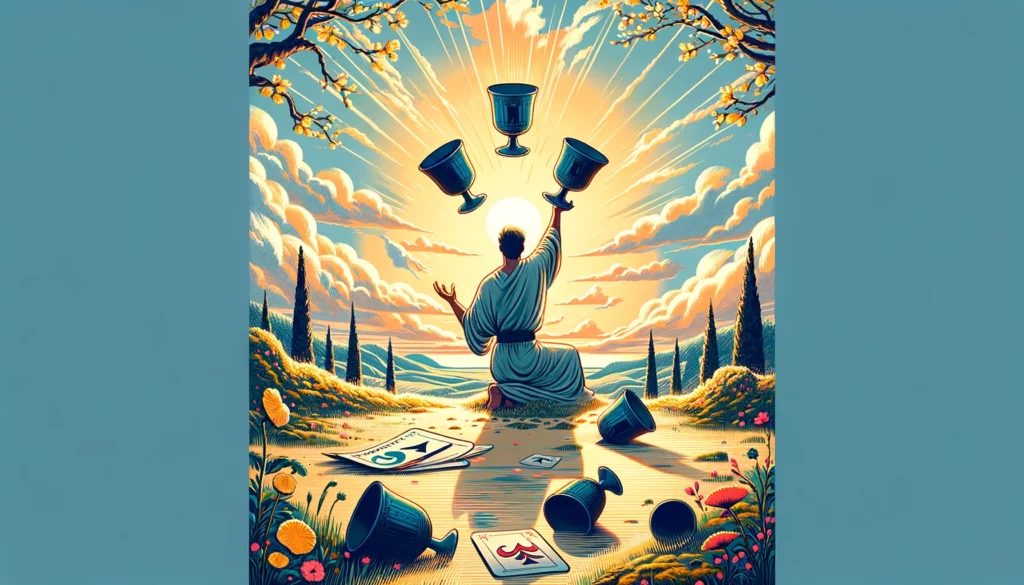 "Artwork depicting a figure reaching out towards a fourth cup, symbolizing openness to new opportunities. The three cups previously on the ground are now held securely, indicating acceptance and readiness for change. Bright colors and symbols of growth in the environment signify a shift from introspection to action, reflecting optimism and eagerness to engage with life's offerings."