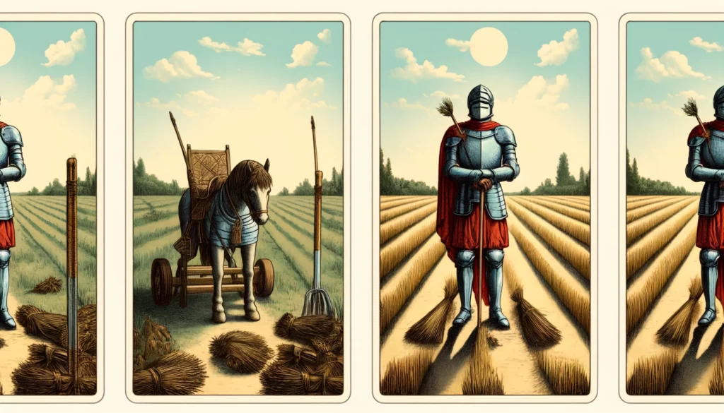 The image portrays a knight standing beside an untended field, appearing stuck or hesitant. This symbolizes stagnation, reluctance to change, or a lack of progress despite having resources. The visualization embodies procrastination, underutilization of potential, and the need for motivation and adaptability to achieve goals and success. It highlights the challenges of overcoming inertia and the importance of reevaluating one's approach to work and responsibilities.]