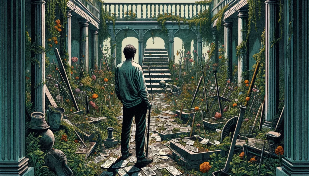 The image depicts an individual standing in a neglected garden, surrounded by wilting plants and symbols of decay. The scene symbolizes the challenges in maintaining personal achievements and the feeling of dissatisfaction despite material wealth. It embodies themes of dependency, the superficiality of material wealth, and the importance of finding genuine satisfaction and personal growth. The visualization conveys the complexity of achieving financial independence while also seeking a richer, more meaningful life.