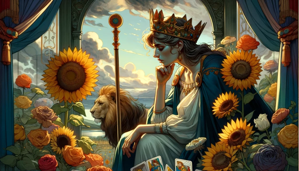 An illustration depicting the Queen of Wands in a contemplative pose, suggesting self-doubt and insecurity. She appears less vibrant, surrounded by shadows, symbolizing a temporary loss of confidence and creativity. The subdued atmosphere reflects internal struggles and external challenges to her authority and warmth.






