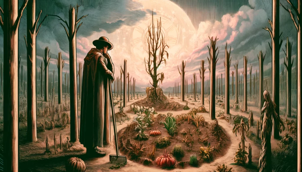 The image depicts a figure standing in front of a barren or withered garden, with wilted plants and dry soil. The figure appears disappointed, with a contemplative expression, as they assess the unfruitful state of the garden. This scene vividly embodies the challenges and setbacks in personal growth or financial projects, highlighting the themes of unmet expectations, stagnation, and the contemplation of new directions. The visualization conveys the importance of adaptability and the willingness to reconsider one's path when faced with obstacles, emphasizing the potential need for a different approach to achieve success.