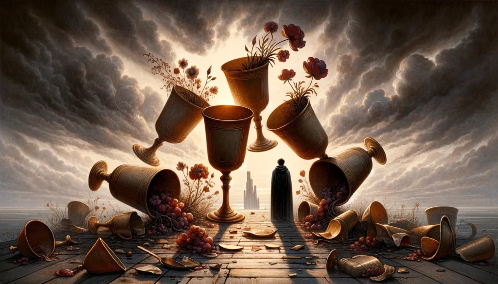 "Artwork depicting overturned or separated cups amidst a scene suggesting the aftermath of excess, conveying themes of overindulgence, gossip, and potential community breakdown. Despite the somber tone, elements in the image hint at reflection, reevaluation of relationships, and the opportunity for reconciliation and rebuilding."