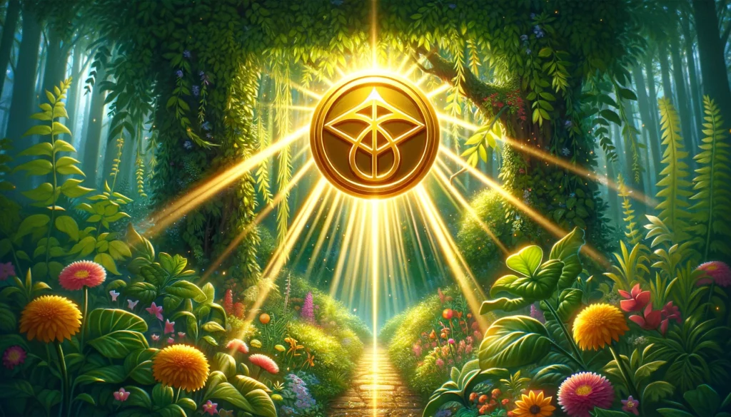 An illustration featuring a radiant golden pentacle at the center of a lush garden filled with blooming flowers. Rays of sunlight illuminate the scene, symbolizing new beginnings, financial prosperity, and abundant opportunities for wealth and material success associated with the Ace of Pentacles tarot card.