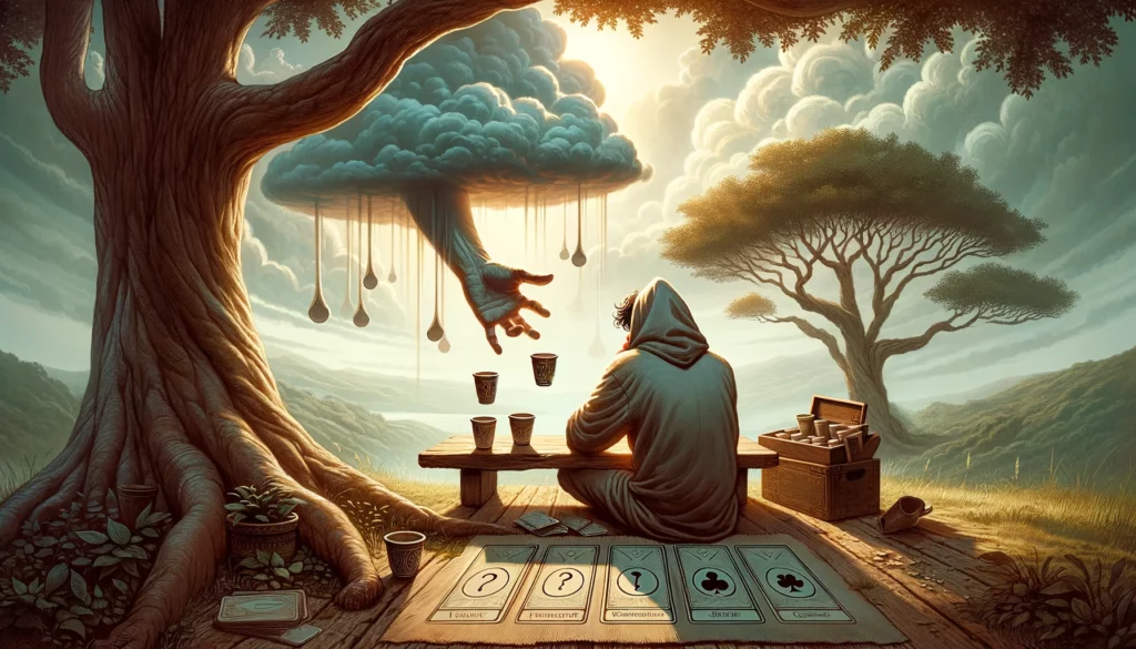 "Artwork featuring a figure sitting under a tree in introspection, with three cups before them and a fourth cup offered from a cloud, symbolizing unnoticed prospects. The serene landscape backdrop emphasizes the character's introspective journey and potential for personal growth, suggesting the importance of awareness and openness to change."





