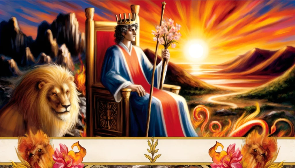 An illustration depicting the King of Wands in his element, exuding confidence and authority, surrounded by symbols of creativity, transformation, and fiery passion. The image vividly captures his representation of bold leadership, vision, and the courage to pursue ambitions.






