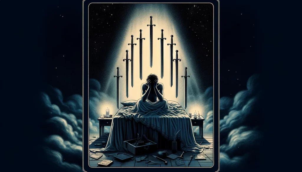 "The illustration portrays a person sitting up in bed, visibly distressed and surrounded by an atmosphere of worry and despair. Nine swords hang ominously on the wall above, symbolizing mental burdens and negative thoughts. Despite the darkness, a faint glimmer of light suggests hope and the potential for overcoming fears. The image captures the essence of the Upright Nine of Swords, highlighting the importance of addressing mental health and finding peace amidst turmoil."