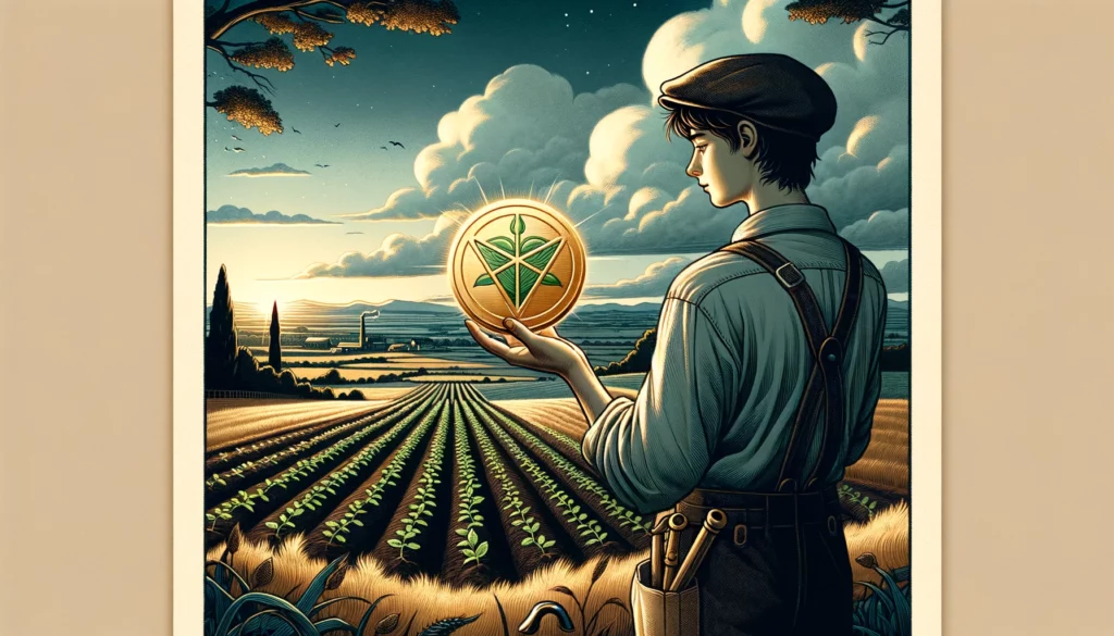 The image portrays a young individual holding a pentacle closely, gazing at it with curiosity and determination. They stand against a backdrop ripe for planting, suggesting readiness for growth and development. The visualization embodies themes of ambition, practical planning, and the pursuit of tangible achievements. It emphasizes the importance of diligence, the value of education and skill acquisition, and the optimism of embarking on new ventures with a clear vision and purpose.]