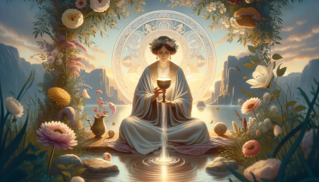 "Illustration portraying the serene and compassionate essence of the Queen, symbolizing nurturing, empathy, and understanding, set against a tranquil body of water reflecting her deep connection to the emotional and intuitive realms."