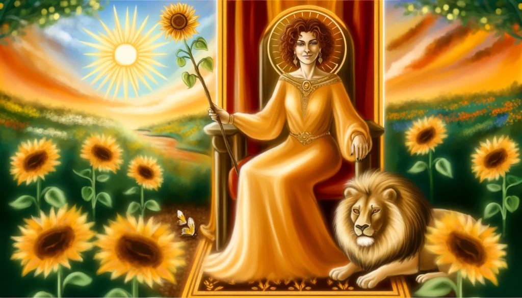 An illustration featuring the Queen of Wands seated gracefully on her throne, exuding confidence and charisma. She is surrounded by symbols of her authority and influence, embodying the power of positivity and leadership as she inspires those around her with her warm energy.






