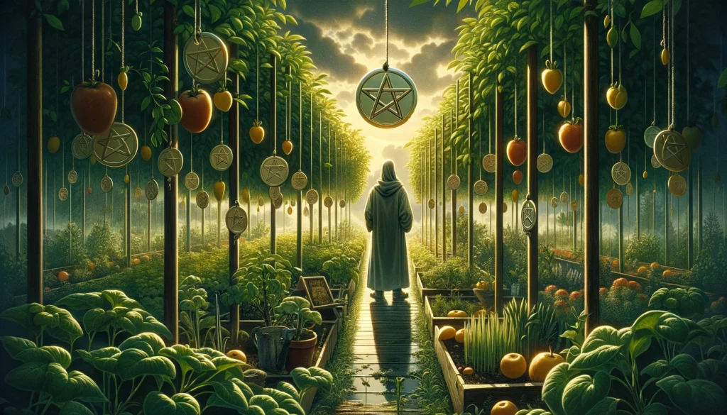 The image portrays a figure standing in a lush garden, surrounded by vibrant greenery and flowers. Pentacles, representing the fruits of their labor, hang from the plants around them. The figure appears thoughtful, reflecting on their achievements and contemplating future actions. This visualization embodies patience, the rewards of perseverance and dedication, and the contemplation of future steps, capturing the essence of evaluation, patience, and strategic planning in the pursuit of long-term goals.