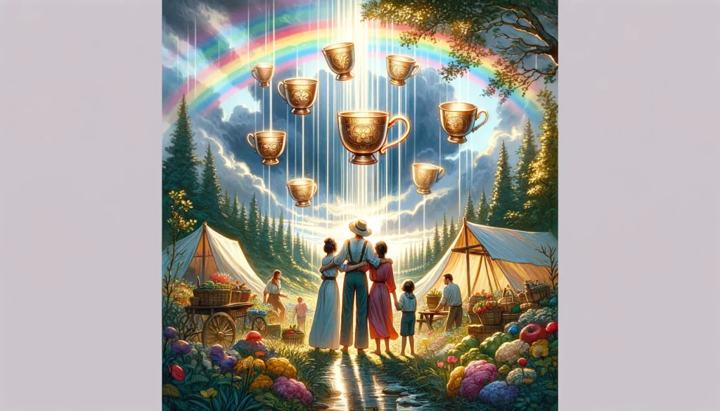 "Illustration symbolizing harmonious and joyful family life, depicting ultimate emotional fulfillment and the ideal of domestic bliss under a bright rainbow, reflecting the celebratory and warm mood associated with this card."