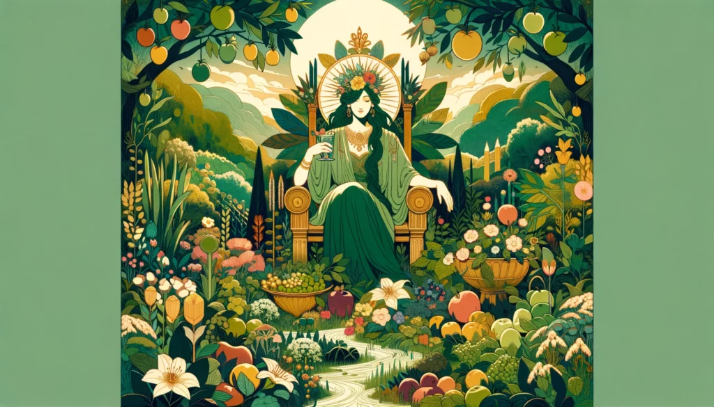 "An illustration depicting The Empress in a vibrant and fertile landscape, representing abundance, growth, and harmony with nature."