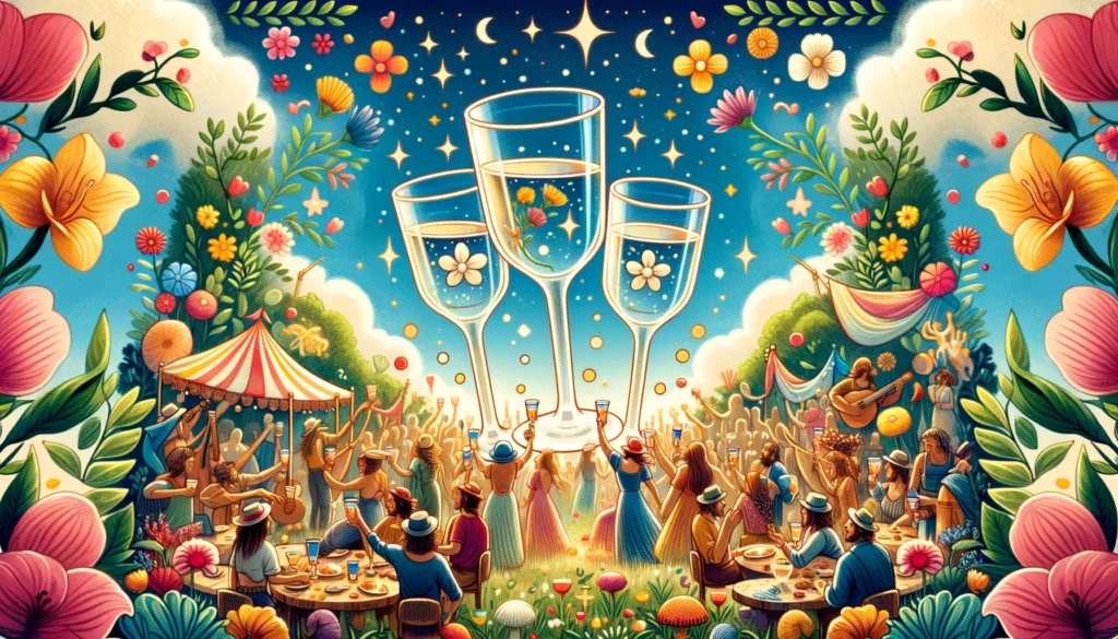  "Artwork showing three cups raised in a toast amidst a festive atmosphere with lush greenery and blooming flowers, symbolizing celebration, friendship, and communal joy. The scene embodies the spirit of gratitude and happiness associated with the Upright Three of Cups."





