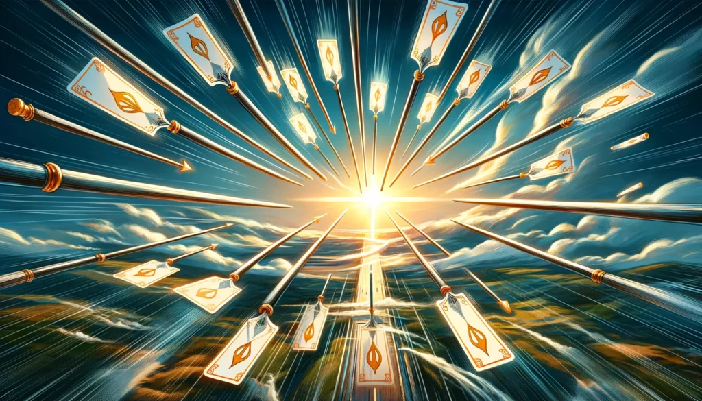 The image captures dynamic movement and urgency, symbolizing swift action and rapid progress towards goals. Against a backdrop of blurred streaks suggesting speed and direction, the scene embodies the spirited nature of the Eight of Wands. The visual representation enriches the article by illustrating the focused momentum towards achieving objectives, emphasizing the potential for change and advancement.