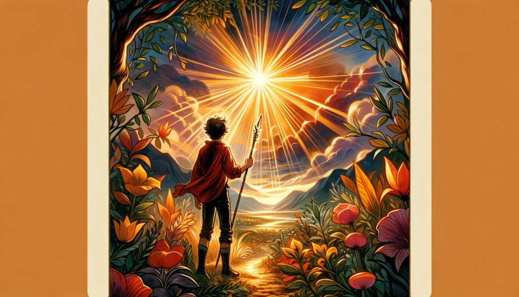 The image depicts the association of the card with creativity, enthusiasm, and the beginnings of new ventures. A youthful figure is surrounded by a vibrant, dynamic environment, highlighting the spirit of innovation and the daring to dream big that the Upright Page of Wands represents. The visual representation enriches the article by capturing the energetic essence of embarking on new journeys and embracing creative pursuits with enthusiasm and optimism.