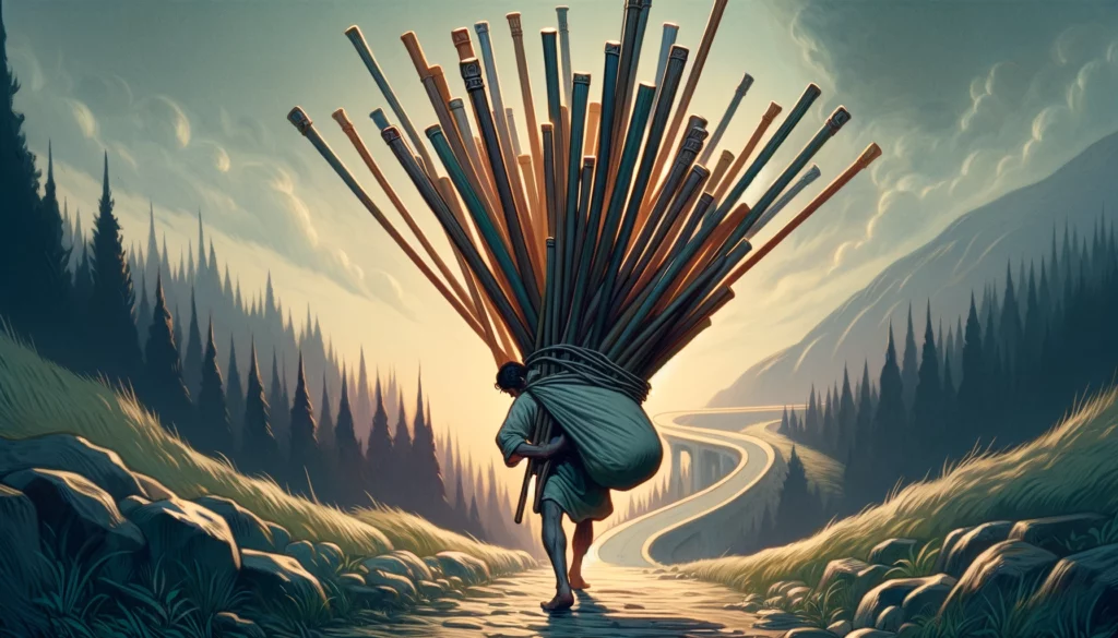 The image portrays the theme of burden, responsibility, and the struggle to balance a heavy workload. The individual shows determination to continue forward despite being almost overwhelmed by the weight of their responsibilities. Set against a backdrop emphasizing the journey's arduous nature, the scene underscores the importance of acknowledging one's capacity. The visual representation enriches the article by depicting the complexities of managing responsibilities and the resilience required to persevere amidst overwhelming challenges.