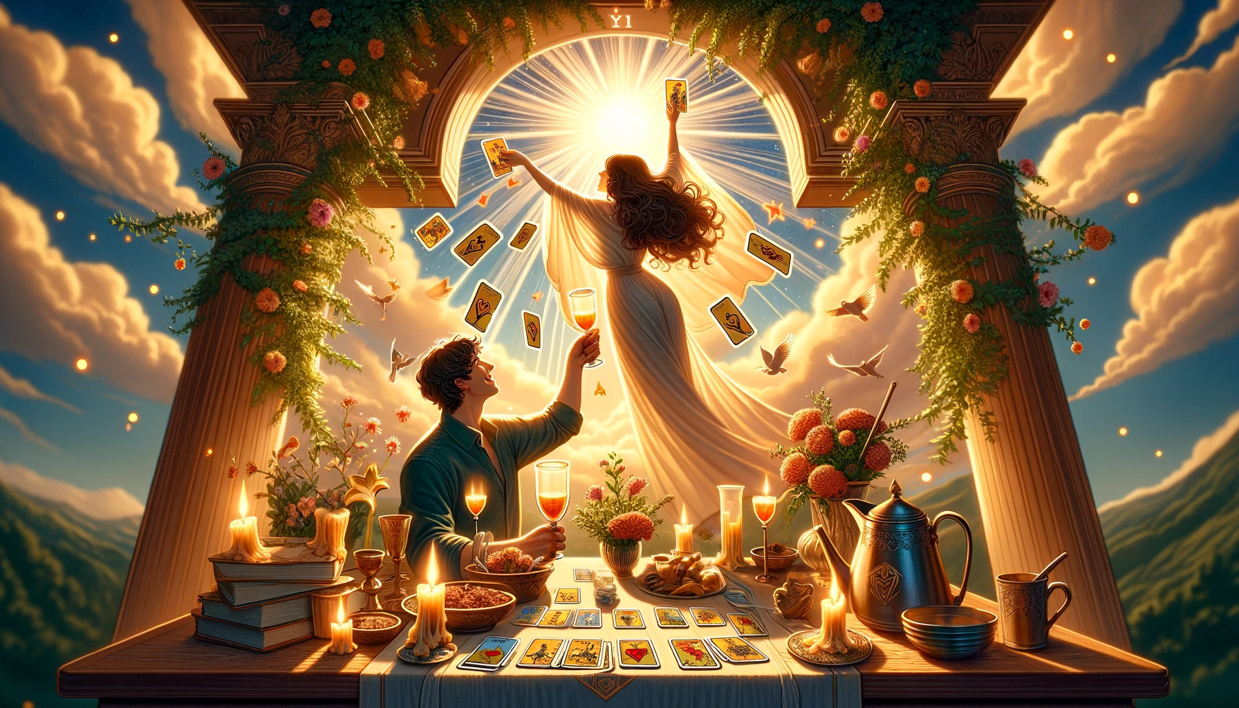 "Illustration portraying the joyful celebration of emotional fulfillment and satisfaction in a romantic context, symbolizing the realization of heartfelt desires and the abundance of love's blessings."