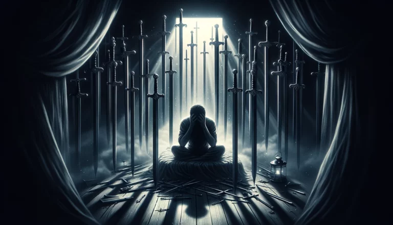 "The illustration portrays overwhelming stress, anxiety, and worry, symbolizing the essence of the Nine of Swords card. It emphasizes the inner struggle with demons and the necessity of addressing mental health while seeking peace and resolution in difficult circumstances."