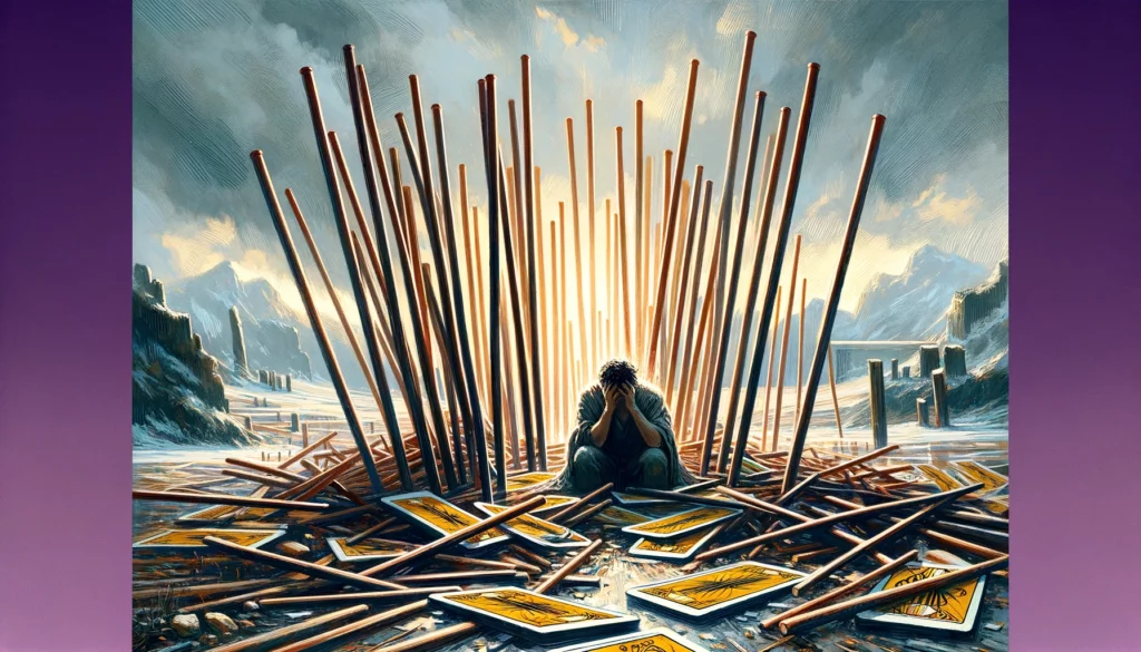 The image illustrates themes of exhaustion, defensiveness, and the need to reassess one's current stance. The figure appears overwhelmed amidst fallen or disordered wands, symbolizing the collapse of defenses and the burden of continuous struggle. Set against a backdrop emphasizing the challenges faced, there's a hint of potential for overcoming current obstacles with time and reflection. The visual representation enriches the article by depicting the complexity of navigating adversity and the possibility of finding renewed strength and direction through introspection.