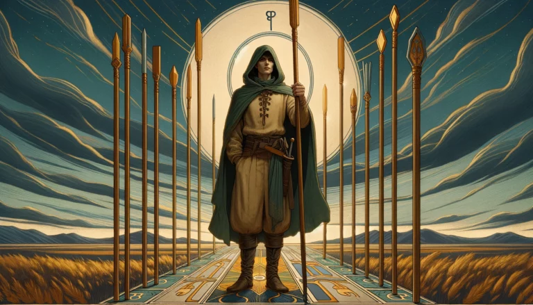 The image portrays an individual embodying resilience, vigilance, and readiness to face any challenge. Against a backdrop symbolizing the ongoing journey and the need for protection and perseverance, the figure's determination and strength are evident. The visual representation enriches the article by capturing the spirit of defiance and resolve that defines the Nine of Wands personality, emphasizing the individual's unwavering commitment to overcoming obstacles and continuing forward.