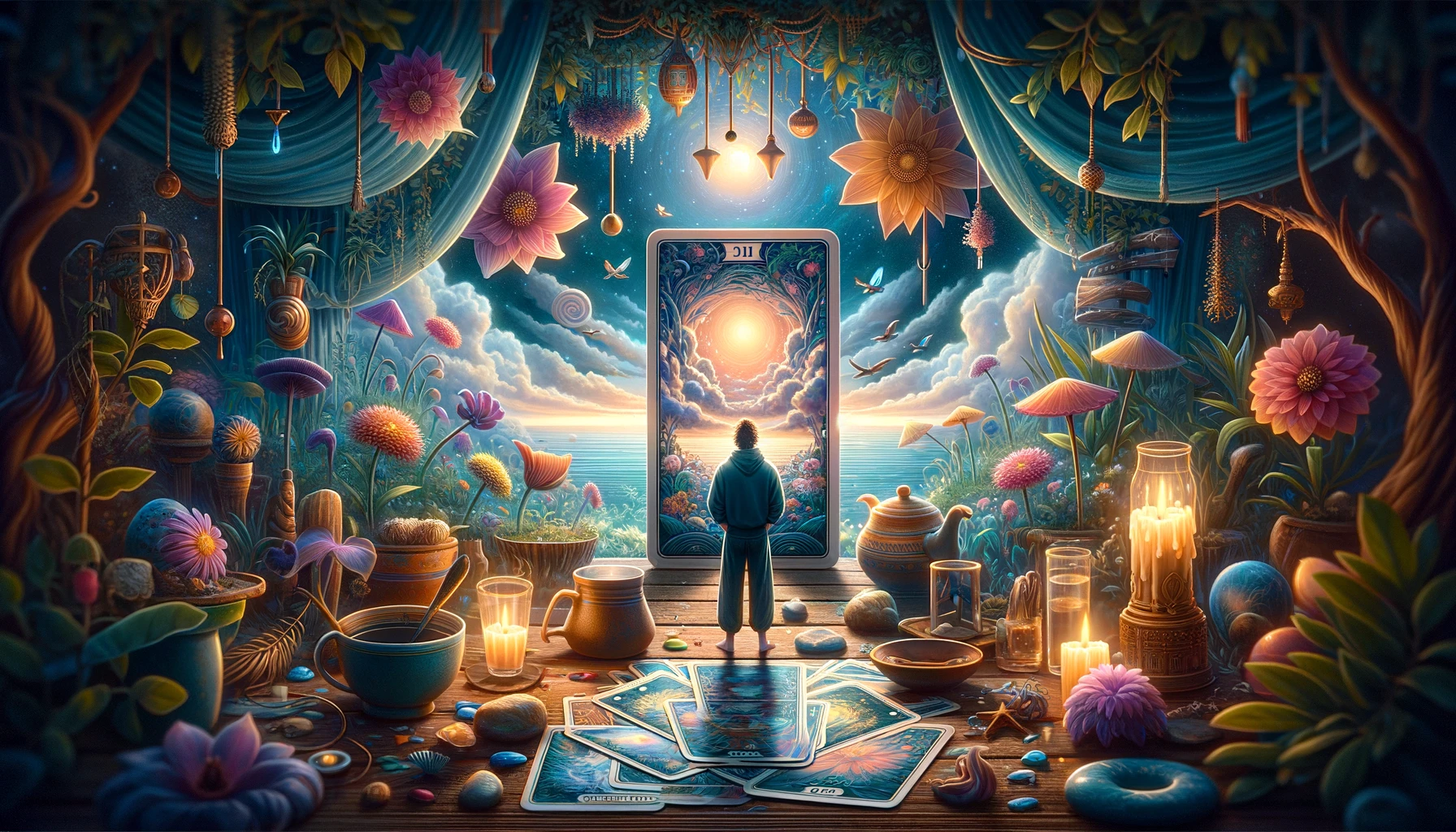 "An illustration symbolizing new emotional beginnings, creativity, and the awakening of intuitive insights, depicted in an environment rich with symbols of imagination and emotional depth, reflecting the hopeful and open-hearted nature of the Page."